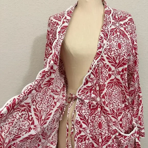 HEIDI CAREY Filigree Kimono Robe Red White Floral Long Sleeve Lounge - Picture 4 of 13